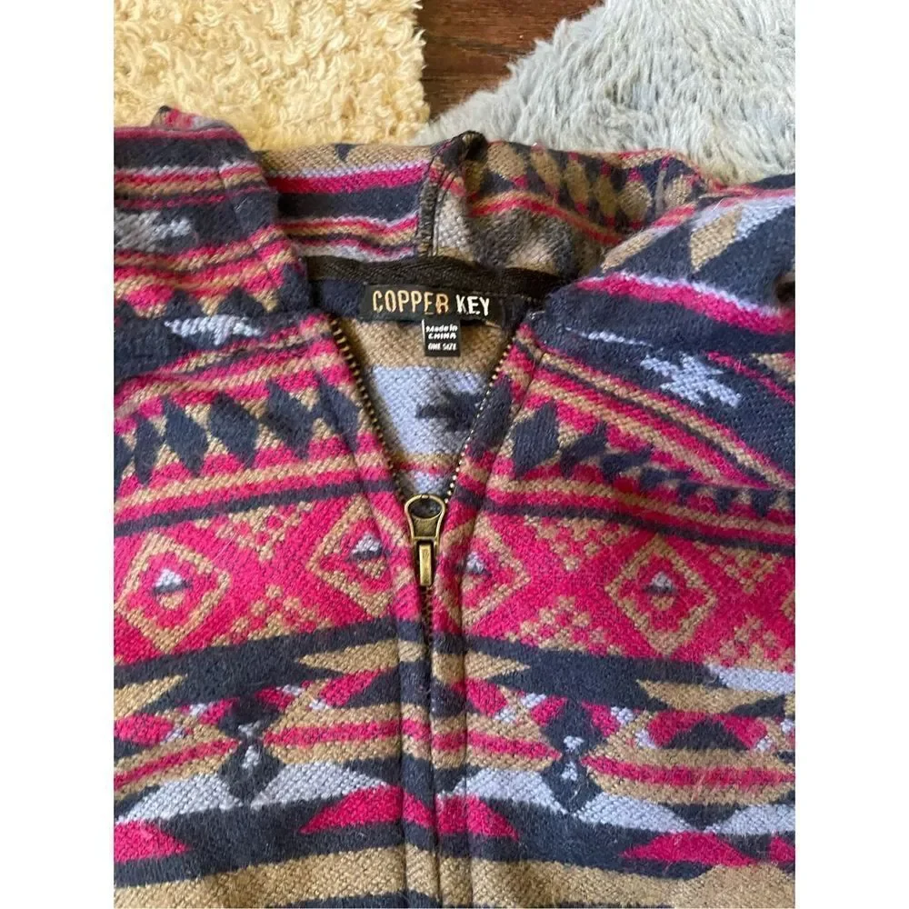 Womens copper key wool like Aztec southwestern print poncho‎ full zip